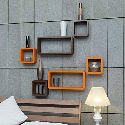 Wallshelf Wall Mount Cube Shape Wall Shelf for Wall Decor / Office Decor / Rack Shelf Floating Shelf For Living Room MDF (Medium Density Fiber) Wall Shelf (Number of Shelves - 6, ORANGE & DARK BROWN) MDF (Medium Density Fiber) Wall Shelf