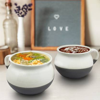 THE SHILPKARI Ceramic Soup Bowl Set of 2 Ceramic Handle White and Grey Soup Bowl/Soup Cup (Capacity : 325 mL)