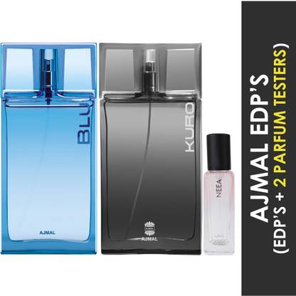 Ajmal Blu and Kuro EDP each of 90ml & Neea EDP 20ML Pack of 3 (Total 200ML) for Men & Women + 2 Parfum Testers