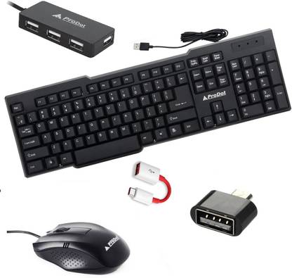 PRODOT USB 1 WIRED KEYBOARD SOFT TOUCH KEYS STANDARD KEYBOARD COMFORTABLE LONG KEY PRESS LIFE LONG CABLE) ( Type-C Male to USB-3.0 Female Type C OTG USB AdapteR) Playy Plus 2.0 4-Port High Speed Playy Plus 2.0 High Speed USB Hub (Black) USB WIRED OPTICAL MOUSE BLACK ( Tukdi USB OTG Adapter MOUSE PAD Combo Set