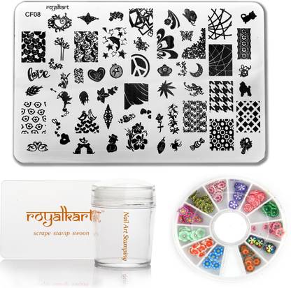 Royalkart Nail Art Stamping Kit Jumbo Image Plate With Soft Nail Silicon Stamper, Scrapper & Nail Art Wheel (CF08)