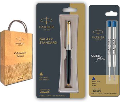 PARKER • Cap Press Mechanism. • Fitted with Quink Flow ball point refill. • Available in 3 Body colour options. • Refillable Pen. • Blue Ink Colour Refill. • Gift Oriented Full Blister Packaging.Galaxy Standard Ball Pen With Extra Two Flow Refills and Bag Ball Pen