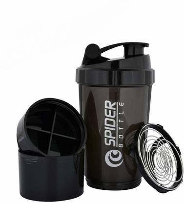 VolCraft Spider Gym Shaker Black Bottle For Protein Shake With 2 Storage Compartment 500 ml Plastic Shaker