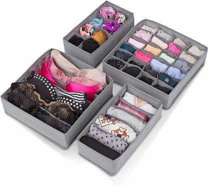 DOUBLE R BAGS No Smell Foldable Cloth Storage Box Closet Dresser Cupboard Drawer Organizer Cube Basket Bins Containers Divider with Drawers for Underwear Bras Socks Ties Scarves (4 Grey With Divider) Closet Divider