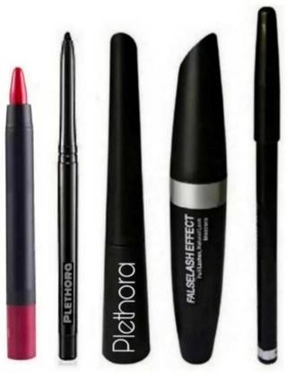 Plethora Eyebrow Pencil Black & Liquid EyeLiner & Mascara & KaJal ( 4in1) + lipstick (Set of 5)