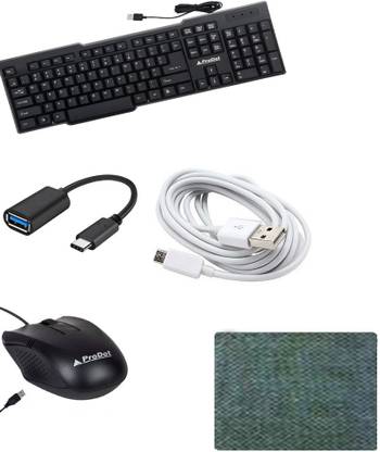 PRODOT USB 1 WIRED KEYBOARD SOFT TOUCH KEYS STANDARD KEYBOARD COMFORTABLE LONG KEY PRESS LIFE LONG CABLE) ( OTG TYPE C CONNECTOR MINI CABLE BLACK ) Micro USB Data Cable for All Devices 1 Meter with Fast Charging ( USB WIRED OPTICAL MOUSE 2.0 BLACK ) MOUSE PAD COMBO SET . Combo Set