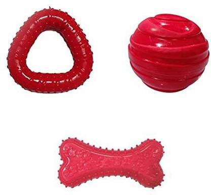 Pooch Box Dog Red Rubber Chew Toy Combo (Red Ball + Red Triangle + Red Bone) - Combo of 3 Rubber Ball, Chew Toy, Fetch Toy, Rubber Toy, Training Aid For Dog