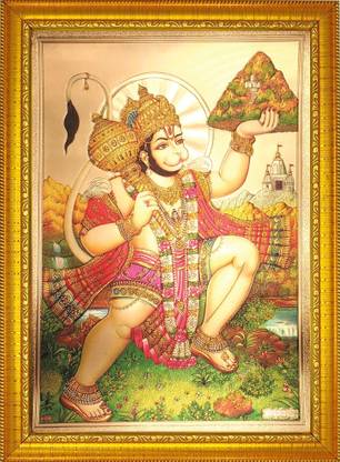 ADA Handicraft Bajrang Bali Hanuman Ji God Photo with Frame for Pooja || Golden Photo Frame for Temple & Home || Photo Frame for Wall Decorative || God Idol || Golden God Photo for Pooja Mandir || Photo Frame Religious Frame Religious Frame