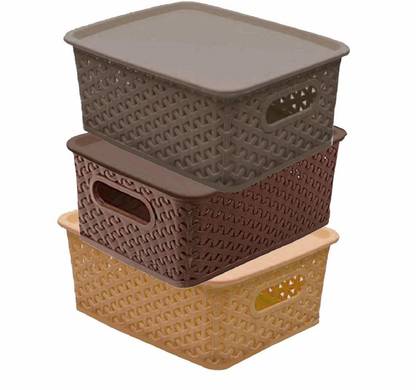KUBER INDUSTRIES Plastic Plastic 3 Pieces Medium Size Multipurpose Solitaire Storage Basket with Lid (Multi) Storage Basket