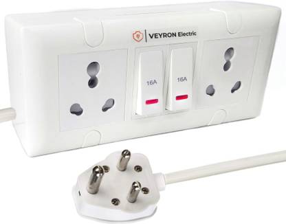 VEYRON Electric Extension Board - Two 6/16A Socket and Two 16A ( 15A ) Indicator Switch, 15 Meter Long 1.5 Sq mm 3 Core Heavy Duty Wire Cable Cord with 16 Amp (15 Amp) 3 Pin Plug , Power Socket Extender box (Polycarbonate) (15 meter) 2  Socket Extension Boards