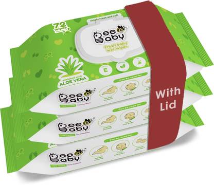 Beebaby Fresh Aloe Vera Baby Wet Wipes with Lid - 3 Pack of 72 Wipes