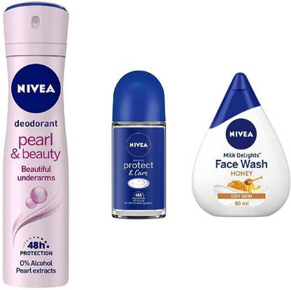 NIVEA Pearl & Beauty Deo 150 ML , Protect & Care Roll on 50Ml , Milk Delight Honey Face Wash 50 Ml ,292