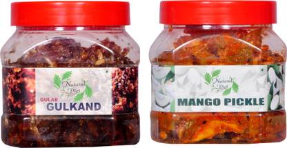 Natural Diet Combo of Natural Homemade Gulkand with Kesar & Elaichi Prepared Using Damask Rose & Rock Sugar (500 gm) You are Being Served Mothers Love & Tasty & Spicy Home Made Punjabi Mango Pickle 500gm Mixed, Mango Gulkand
