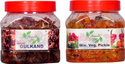 Natural Diet Combo of Natural Homemade Gulkand with Kesar & Elaichi Prepared Using Damask Rose & Rock Sugar (500 gm) You are Being Served Mothers Love & Mixed Pickle Achaar (Mixed Vegetable Mango Lime Green Chilli Carrot Ginger) 500gm (Mixed Pickle) Mixed, Mixed Vegetable Gulkand
