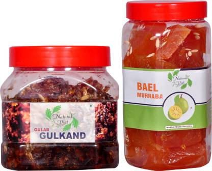 Natural Diet Combo of Natural Homemade Gulkand with Kesar & Elaichi Prepared Using Damask Rose & Rock Sugar (500 gm) You are Being Served Mothers Love & The Real Taste of Maa Ke Hath Ka Swad Sweet Bel Murabba Pieces without Syrup 1Kg Mixed, Bel Gulkand