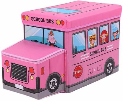 Bhavisha Home Furnishing Foldable Toy Storage Chest Box Cum Stool for Baby Girls, Kids School Bus Shape Storage Box