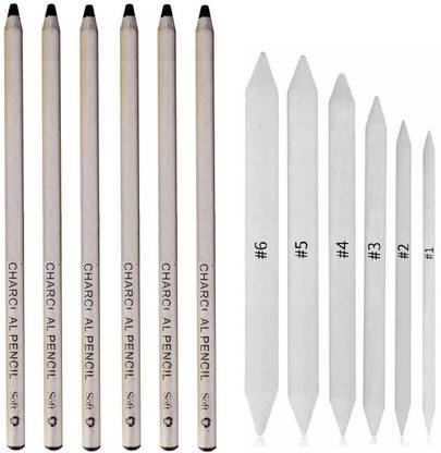 Definite Art Professional Bianyo Soft Black Natural Charcoal Pencils for Drawing and Sketching (Pack of 6) with Paper Art Blending Stump or Tortillon (Pack of 6)
