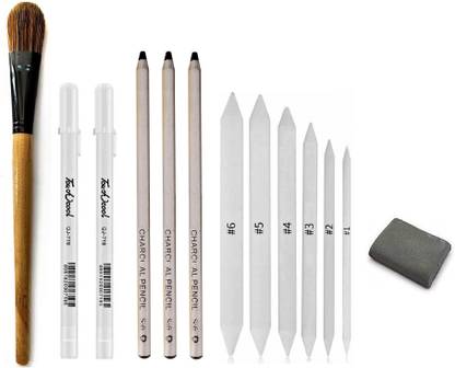 Definite Art Bianyo Soft Black Natural Charcoal Pencils for Drawing and Sketching (Pack of 3) with Paper Art Blending Stump or Tortillon (Pack of 6), One 22Cm Blending Foundation Brush and 2 X White Pens for Highlighting and Reflection Effect and One Kneadable Eraser; Ideal Drawing Set for Students, Professionals, Artists