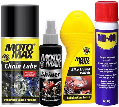 Pidilite Motomax Bike care kit - Multipurpose lubricant spray 64g, Motomax bike polish liquid 100ml, Bike shiner 100ml, Bike Chain lube spray 200ml Combo