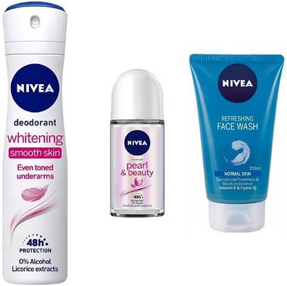 NIVEA Whitening Smooth Skin Deo 150 ML , Pearl & Beauty Roll on 50Ml ,Refreshing Face Wash 150 Ml #412