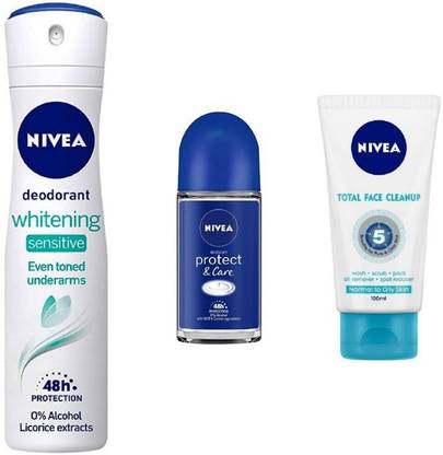 NIVEA Whitening Sensitive Deo 150 ML , Protect & Care Roll on 50Ml ,Total Face Clean Up 100 Ml #383