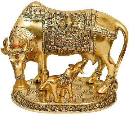 dtc Metal Golden Kamdhenu Cow With Calf Statue,Cow and Calf Idol,Good Luck, Holy Spiritual Showpiece Figurine Sculpture Vastu Decorative Handmade Home Office Showpiece Gifts Large Gold Elegant Cow and Calf Metal Statue Holy Cow and Calf Statue Spiritual Showpiece Figurine Sculpture Decorative Showpiece  -  15 cm