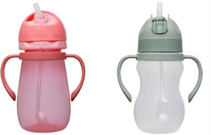नव्या Combo Of 2 Spill-Proof Kids 350ml Transparent with Gravity Ball Straw Sipper Cup Water Bottle with Handles