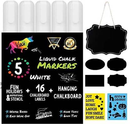 Vaci Markers Chalk Markers by Vaci, Pack of 5 Markers Drawing Stencils + 16 Labels and Hanging Chalkboard, Premium Liquid Chalkboard