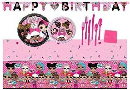 LOL Surprise L.O.L. Surprise Doll Birthday Party Supplies Bundle Set for 16 Guests Plates, Tablecover, Banner, Cutlery, Napkins