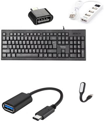 QHMPL 7406 Full-Sized Keyboard with (?) Rupee Symbol, Hotkeys and function for Desktop/Laptop/Smart TV Spill-Resistant Wired USB Keyboard with 10 million keystrokes lifespan (Black) ( Type-C OTG Adapter Cable Connector Cord pendrive Compatible with All C Type Supported Mobile Smartphone QHMPL6660 4 Port USB Hub with Switch and LED Indicator USB Adapter (White) Mini USB LED Light Adjust Angle / bendable Portable Flexible USB Light with usb for power bank PC Laptop Notebook Computer keyboard outdoor Energy Saving Gift Night Book Reading Lamp OTG MICRO ADOPTER BEST QUALITY Combo Set