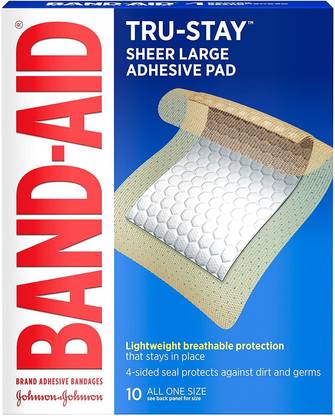 BAND-AID Tru-Stay Adhesive Pads Large Sterile Bandages 10 Count Crepe Bandage