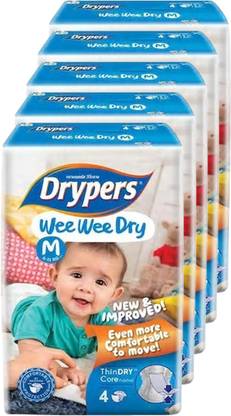 drypers Wee Wee Dry Medium Sized Diapers,Pack of 5 , 4 Counts Each (20 Counts)(Taped Diaper) - M