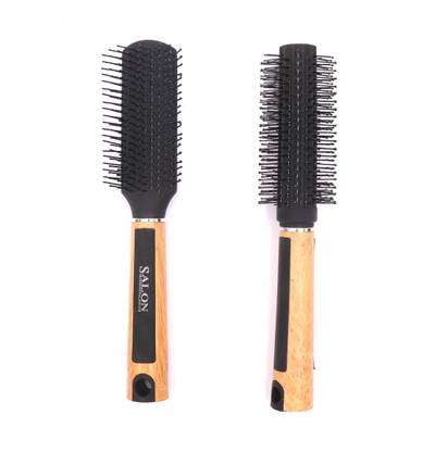 Honbon Round Brush with Wooden and Black Colored Handle with Black Brush Colored Head Combo of 2