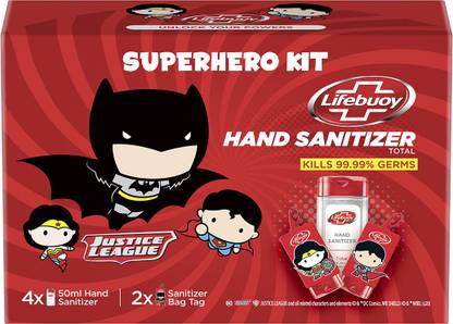 LIFEBUOY  Super Hero Kit | Anti Bacterial Alcohol Based Sanitizer | 4X50ml + 2 Bag Tags (Superman & Wonder Woman) Hand Sanitizer Box