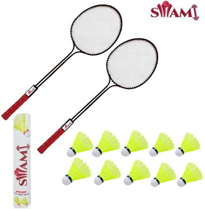 Swa Mi Double Shaft Badminton Racket Set Of 2 Piece With 10 Piece Plastic Shuttle Badminton Kit