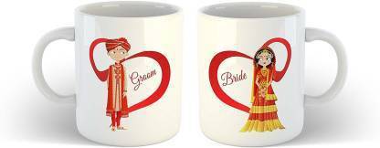 V Kraft " trendy bride groom " couple matching mug set love quote printed Ceramic love with Handle-Perfect Gift to Anyone On Any Occasion | Coffee & Tea Cup | Pack of 2 Ceramic Coffee Mug