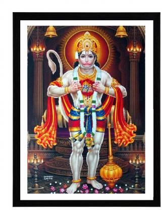Jai Shoppee Hanuman Home Decorative Gift Item Framed Painting | Anjaneyar Photo Frame for Living Room |Anumar Photo Frame for Pooja Room| Photo Frame for Office Digital Reprint 14 inch x 9.5 inch Painting