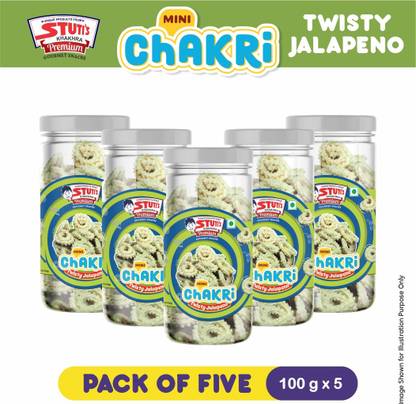 STUTI KHAKHRA Stuti Mini Chakli - Twisty Jalapeno (Jalapeno Chakli) - Gourmet Namkeen Snacks - 100g Each (Combo Pack of 5) (5 X 100g)