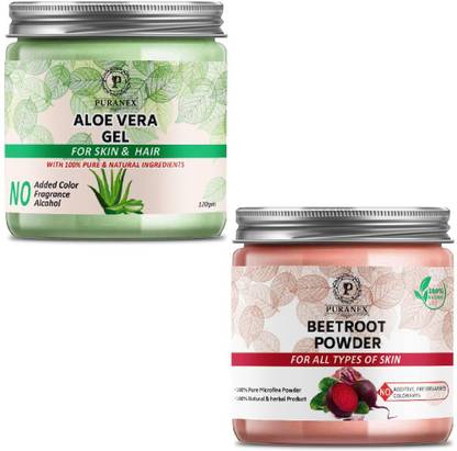 puranex 100% Natural & Pure Aloevera Gel For Deep Cleansing, Soft, Pimple free, Extra Glowing & Shiny Skin-Face Pack 100 GM (Pack of 1) & 100% Natural & Pure Beet Root Powder For Pinkish, Glowing & Shiny Skin & Hair Face Pack 100 GM (Pack of 1) 100 GM Each