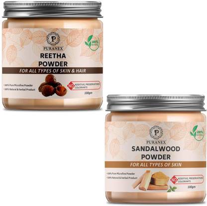 puranex 100% Natural & Pure Reetha Powder For Natural Texture & Colour, Strong, Shiny, Silky & Dandruff Free Hair 100 GM (Pack of 1) & 100% Natural & Pure Sandal Wood Powder For Soft, Pimple free, Glowing & Shiny Skin (Skin & Face Care) 200 GM (Pack of 2) 100 GM Each