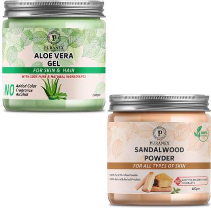 puranex 100% Natural & Pure Aloevera Gel For Deep Cleansing, Soft, Pimple free, Extra Glowing & Shiny Skin-Face Pack 100 GM (Pack of 1) & 100% Natural & Pure Sandal Wood Powder For Soft, Pimple free, Glowing & Shiny Skin (Skin & Face Care) 200 GM (Pack of 2) 100 GM Each