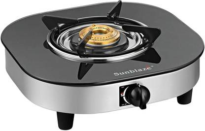 Sunblaze Elegante SS Black Glass Top 1 Brass Burner Gas Stove with Detachable Drip Tray Manual Ignition for Your Kitchen Black Color ISI Approved 2 Years Warranty Free Home Service Stainless Steel Manual Gas Stove