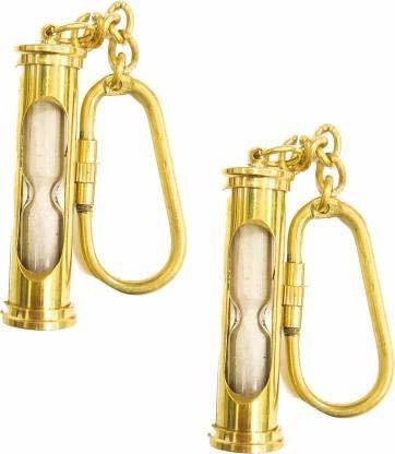 VETERIS Antique Decorative Designer (Sand Timer) Hourglass Keychain Pure Brass Pack of 2 Key Chain (Gold) Key Chain