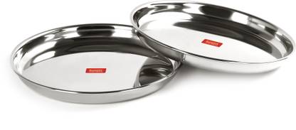 Sumeet Stainless Steel Heavy Gauge Deep Wall Snack Plates with Mirror Finish 24.3cm Dia - Set of 2pc Dinner Plate
