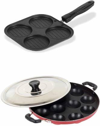 Coozico Mini UTTAPAM TAWA/Multi Snack Maker 4 in 1 - Mini Pancake Maker, Mini Crepe PAN, Pancake Moulds/Mini Uttapam Pan / Pancake Pan , Multi Snack Make/Mini Uttapam Pan Pancake Pan Multi Snack Maker / Paniarakkal Set with Lid (Stainless Steel, Non-stick, Induction Bottom) with Lid 0.25 L capacity 22 cm, 20 cm diameter