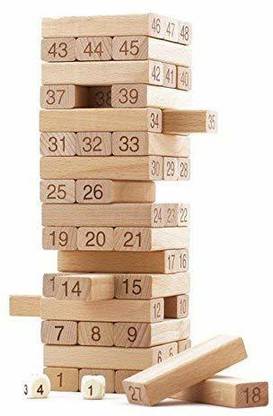 Hasbro Gamming Wooden Building Blocks Puzzle 54 Pcs Challenging 4pcs Dice Wooden Stacking Game Maths,Tumbling Tower 54 Pcs with 4 Dices Game for Adults and Kids  (Brown) at Rs. 499