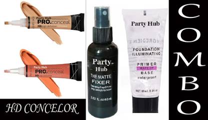 PARTYHUB Pro HD Conceal Corrector Concealer 8 gr (ORANGE+BEIGE ) (pack of 2) +PARTY HUB FOUDATION ILLUMINATION WATERPROOF PRIMER MAKE UP BASE (pace of 1) Primer - 150 ml (TRANSPARENT) + PERFECT HYDRATING MAKE UP SETTING SPRAY FIXER