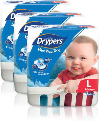 drypers Wee Wee Dry Large Sized Diapers, Combo Pack of 3, 62 Counts Each (186 Counts)(Taped Diaper) - L
