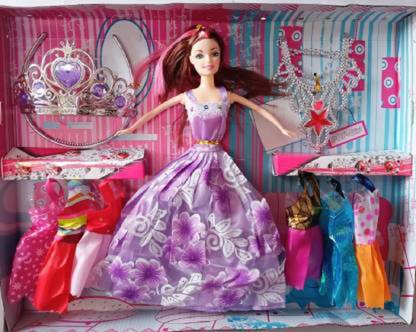 MOCK LEE Baby Girl Doll Set with Beautiful Dresses,Long Hair & Fashion Accessories(1 Doll+1 Taj Set & Hair band + 6 Dress in Different (Colours) (Multicolor)) (Multicolor)