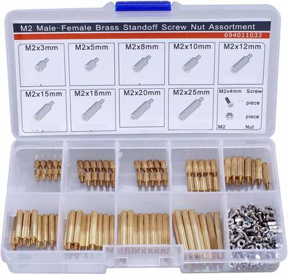 DIY Crafts 260 Pcs/ M2 PCB Threaded Brass Male Female Standoff Spacer Board Hex Screws Nut Assortment Box kit Set with Plastic Box Hollow (Pack of 6 Box 260x6, Brass Made 260 Pcs/ M2 PCB)